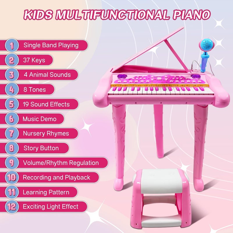 Dollox Keyboard Piano for Kids, 37-Key Toddler Piano Musical Instrument Toy, Electric Keyboard for Girls, 3, 4, 5, 6, 7 Years Old Birthday Gift - Mini Music Toy with Stool (Pink) - Image 2